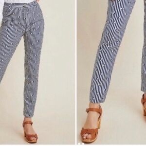 Anthropologie The Essential Slim Blue White Motif Striped Trouser Sz 14